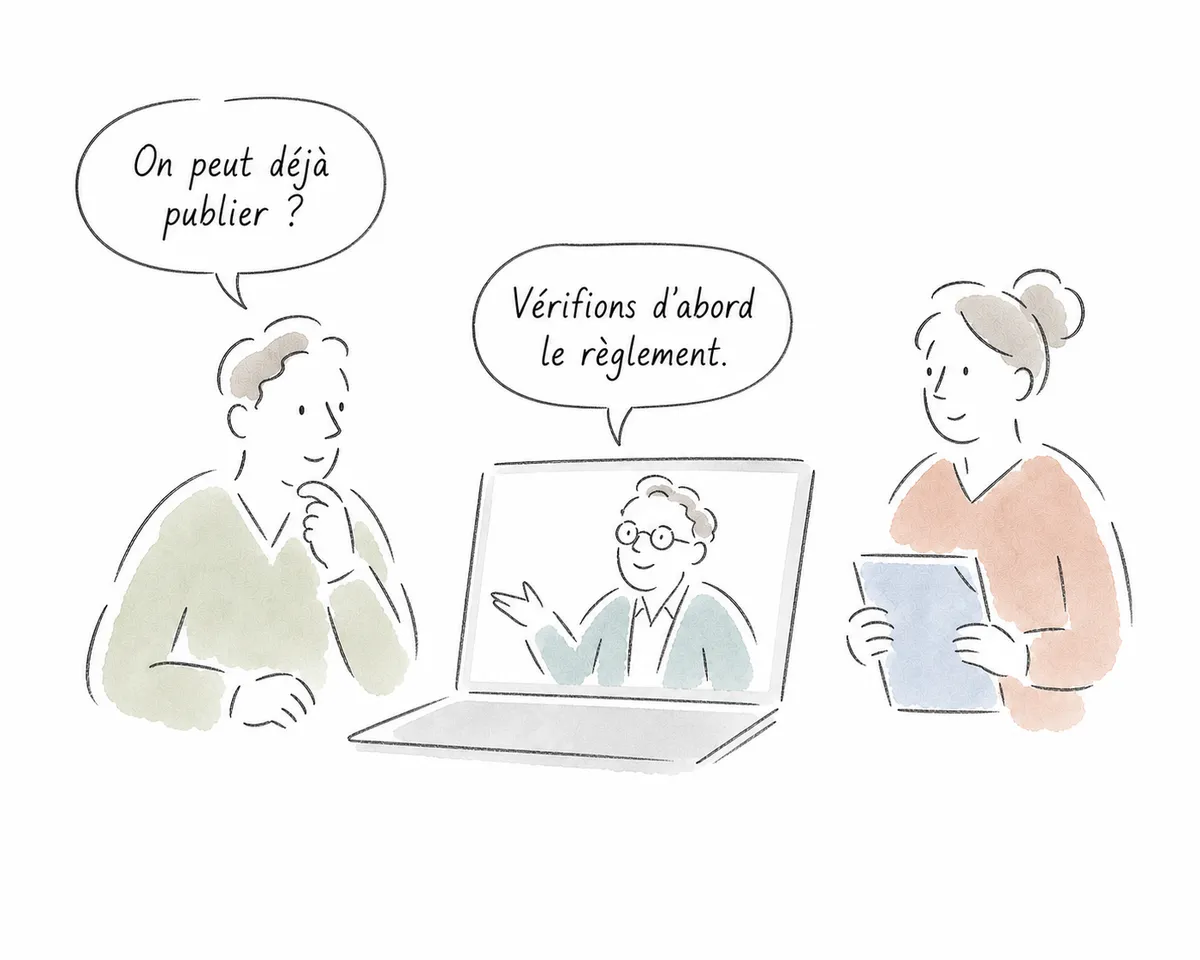 Marc et Julie vérifient leur règlement de copropriété avec Roger avant de publier une annonce de location.