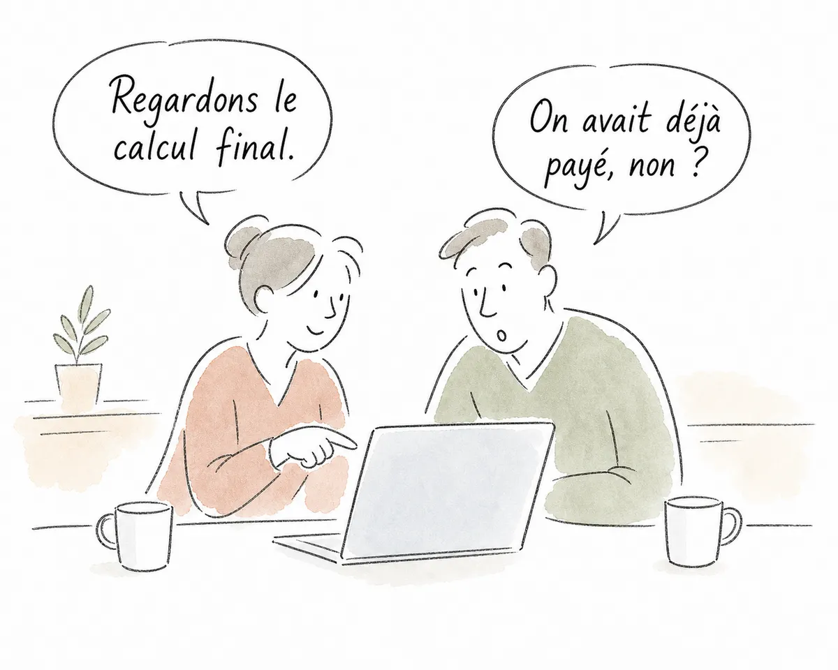 Marc et Julie consultent ensemble leur avis d’impôt 2026 sur un ordinateur.
